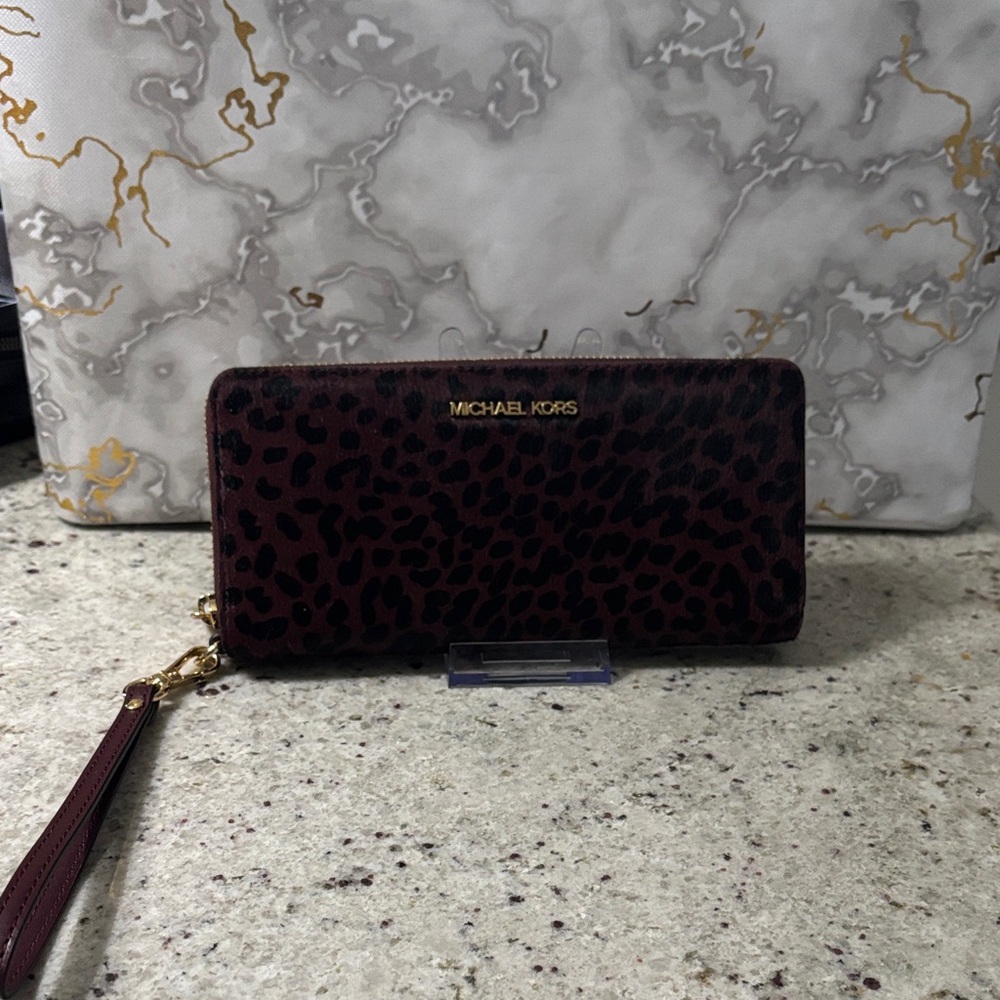 Michael Kors Burgundy Calf Hair Leopard Print Zip Wristlet Wallet with Gold Logo
